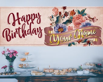 Flower Birthday Banner Personalized Birthday Custom Banner, Floral theme Banner Sign ideas, Birthday Photo Backdrop, Size 18" x 4'