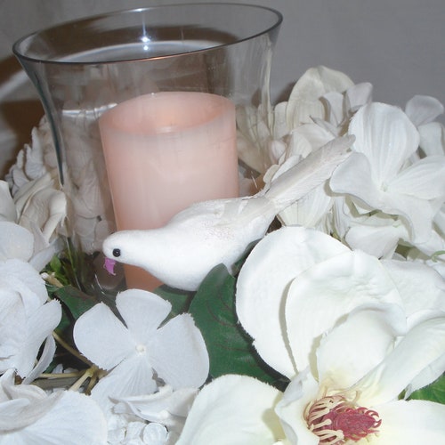 Shops Wedding Centerpiece, Bridal Decor, Magnolia Blooms and White Roses Centerpiece, Centerpiece With Candle, Small White Wreath