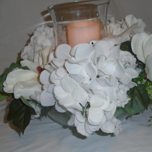 Shops Wedding Centerpiece, Bridal Decor, Magnolia Blooms and White Roses Centerpiece, Centerpiece With Candle, Small White Wreath