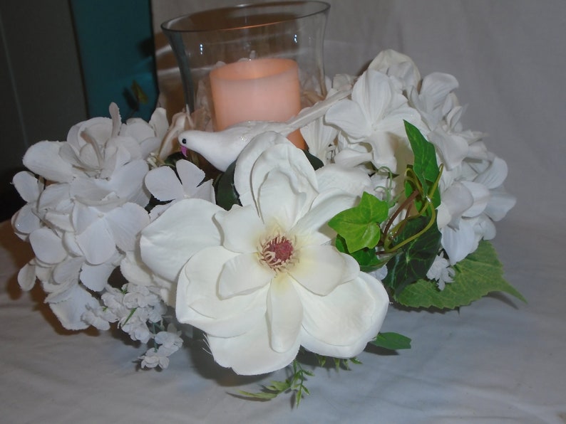 Shops Wedding Centerpiece, Bridal Decor, Magnolia Blooms and White Roses Centerpiece, Centerpiece With Candle, Small White Wreath
