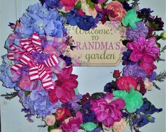 Grandmother's Wreath, Summer Floral Wreath For Front Door, Spring Floral Wreath, Wreath With Sign, Summer Door Wreath, Mother's Day Wreath