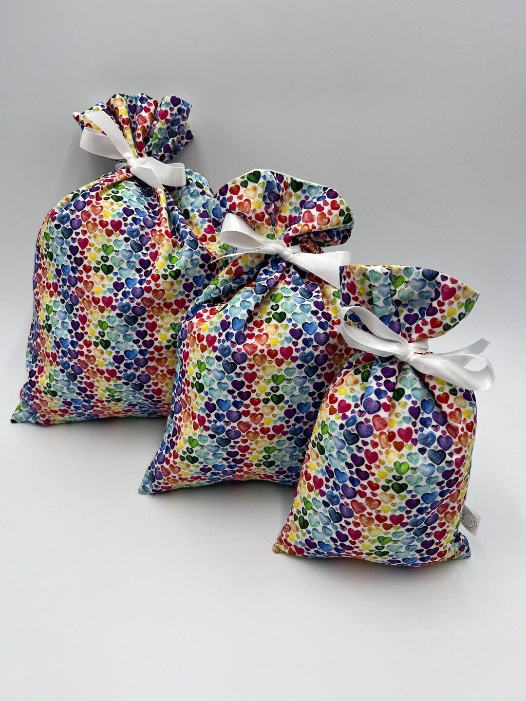 Reusable Fabric Gift Bags Hearts Rainbow White Etsy UK