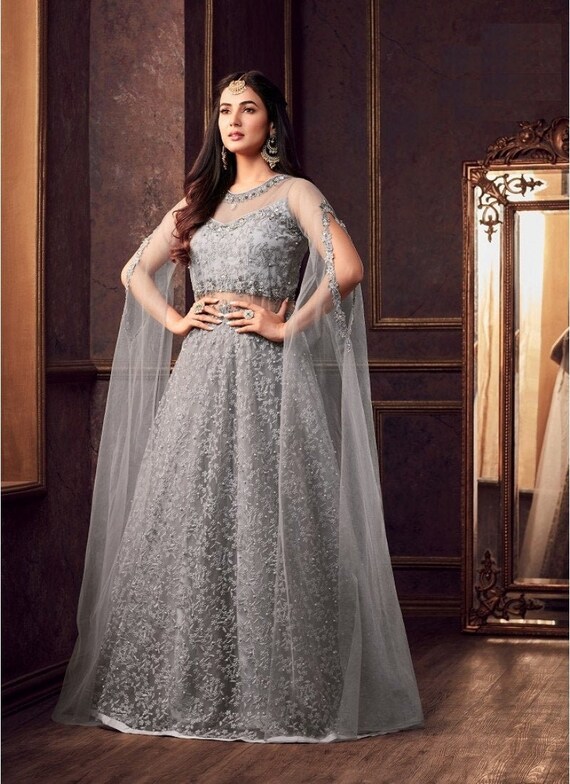 Grey Net Gown Style Anarkali Salwar 