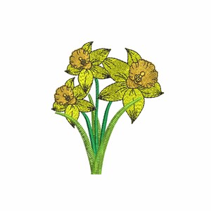 May include: A bouquet of three yellow daffodils with green stems and leaves.