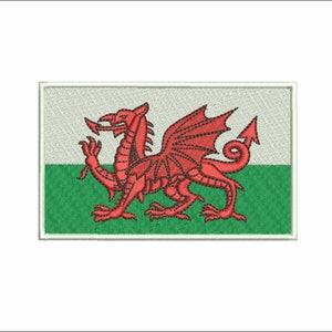 May include: A red dragon with black wings and a white and green background. The dragon is the symbol of Wales.