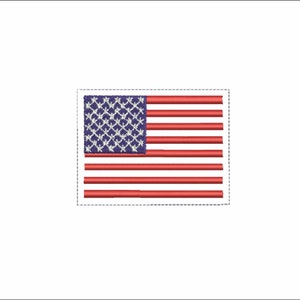 May include: Embroidered American flag with red and white stripes and a blue field of white stars. The flag is rectangular and set against a white background.