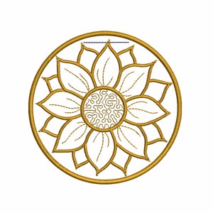 May include: A gold circular design with a stylized flower in the center. The flower has eight petals and a detailed center.