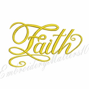 May include: Gold embroidery design of the word "Faith" in a cursive font.