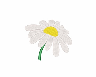 May include: A white daisy with a yellow centre and a green stem. The flower is facing to the right.