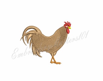 May include: A brown rooster with a red comb and yellow beak stands on a white background.