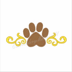 May include: A brown paw print design with a heart-shaped base and four toes, flanked by two gold decorative swirls. The design is embroidered on a white background.