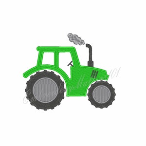 May include: A green tractor with black wheels and a gray smoke plume coming from the exhaust pipe.