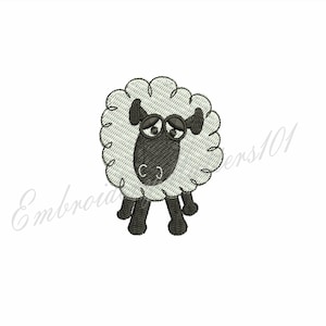 May include: A white sheep with a black face and sad eyes. The sheep is standing on four legs and has a fluffy white body.