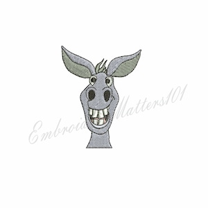 Puede incluir: Un burro de dibujos animados con una gran sonrisa y ojos grandes. El burro es gris con una crin y orejas de color gris claro.