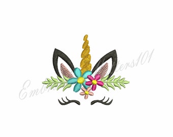 Motif de broderie Machine visage licorne, couronne de fleurs (téléchargement numérique)