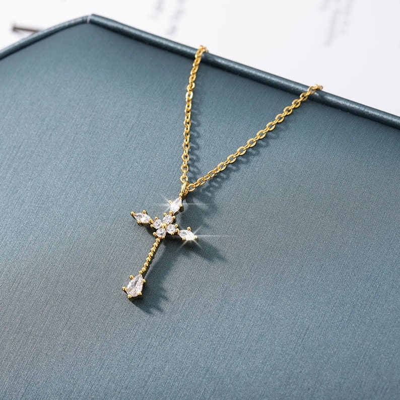 Dainty Cross Necklace Diamond Cross Necklace Gold Cross Etsy