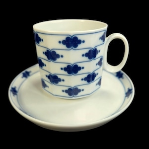 May include: White ceramic teacup and saucer set. The cup features a geometric design with blue cloud-like patterns. The saucer has a matching border design. The set is against a black background.