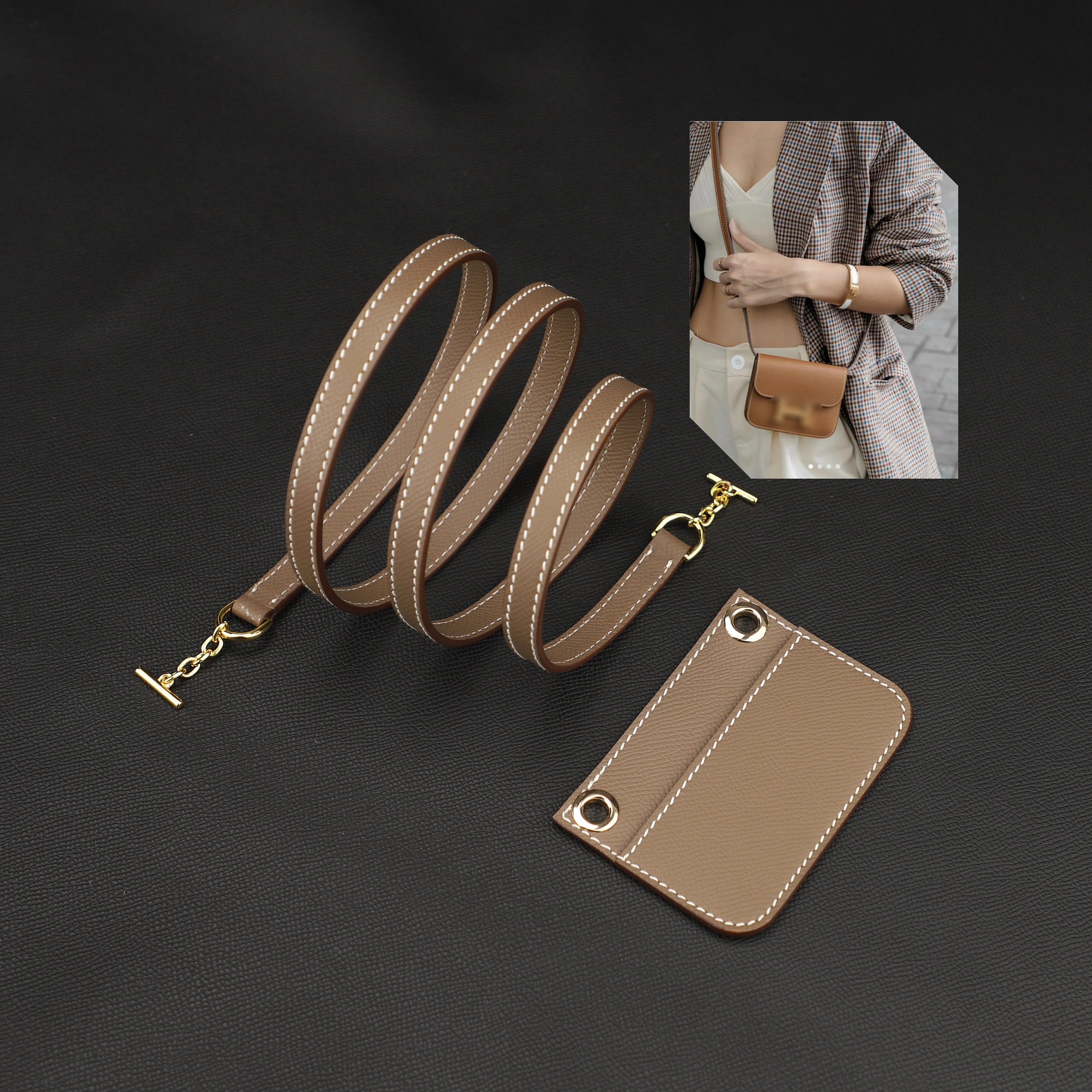 Replacement stripped slim handbag strap with carabiner slide hook in dark  brown and tan brown with 1 width