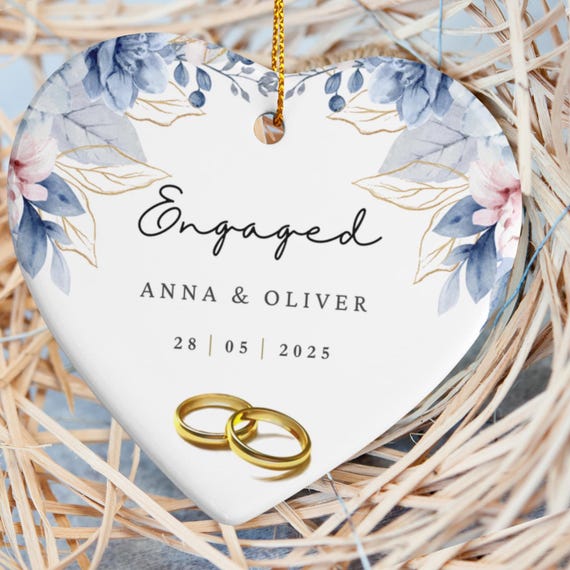 Personalized Engagement Ornament: Floral Heart Ceramic Keepsake