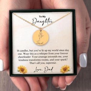 Regalo de cumpleaños número 16 para hija de papá, collar personalizado con nombre, colgante de flor de nacimiento, joyería sentimental con tarjeta de mensaje.