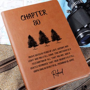 May include: A brown leather journal with the words "CHAPTER 80" and a row of three pine trees printed on the cover. The journal also includes a personalized message and the name "Roland".