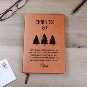 May include: A brown leather-bound journal with the text "CHAPTER 80" and a message about celebrating 80 years. The journal features three tree illustrations and the name "Roland" at the bottom. A bookmark is attached.