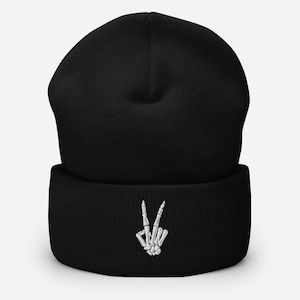 Spooky Embroidered Skeleton Beanie | Cozy Skull Hand Sign Hat | Unisex Halloween Cuffed Beanie | Goth Winter Accessory