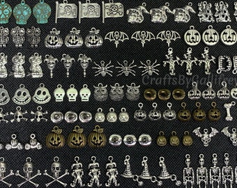 Halloween Charms 50 Assorted or 25 Matching Pairs | Jewelry & Craft Making Supplies | Spooky Creepy Gothic Charms for Making Jewelry