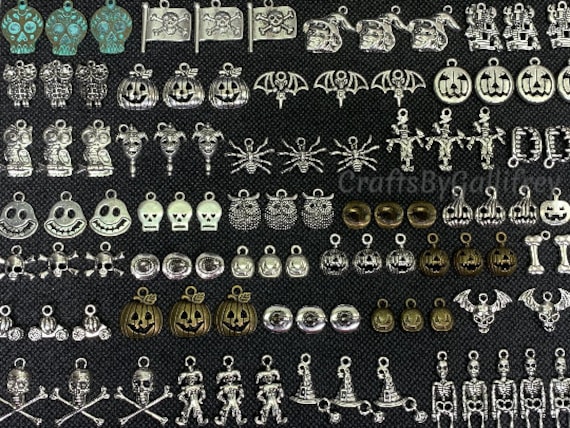 Halloween Charms 50 Assorted or 25 Matching Pairs | Jewelry & Craft Making Supplies | Spooky Creepy Gothic Charms for Making Jewelry