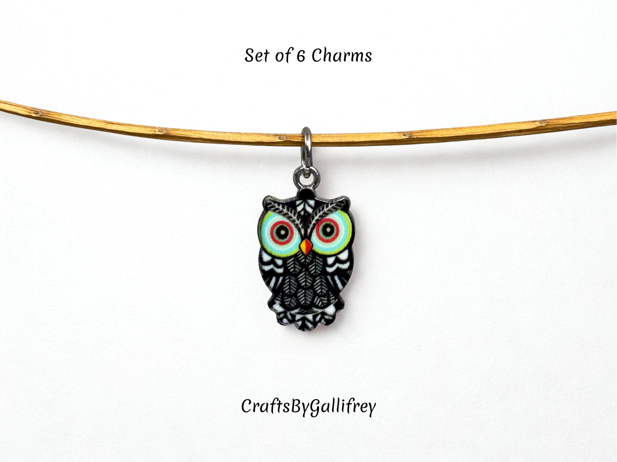 Owl Enamel Charms with Jump Rings: Jewelry & Craft Supplies - Set of 6