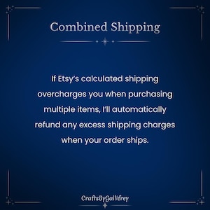 Może przedstawiać: Ciemnoniebieska grafika informacyjna z białym tekstem o treści: Combined Shipping. If Etsy's calculated shipping overcharges you when purchasing multiple items, I'll automatically refund any excess shipping charges when your order ships. CraftsByGallifrey.