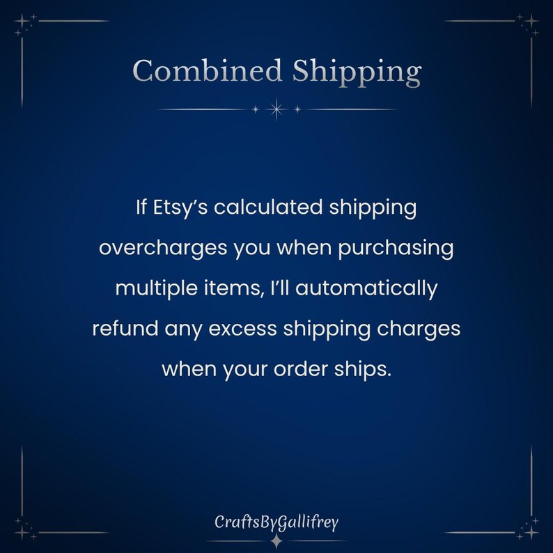 Może przedstawiać: Ciemnoniebieska grafika informacyjna z białym tekstem o treści: Combined Shipping. If Etsy's calculated shipping overcharges you when purchasing multiple items, I'll automatically refund any excess shipping charges when your order ships. CraftsByGallifrey.