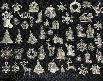 Christmas Charms 50 Assorted or 25 Matching Pairs | Jewelry & Craft Making Supplies | Mixed Holiday Charms