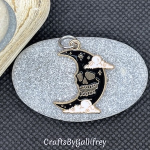 6 Gothic Crescent Moon & Skull Charms | Spooky Black Enamel Halloween Pendants with Jump Rings Included