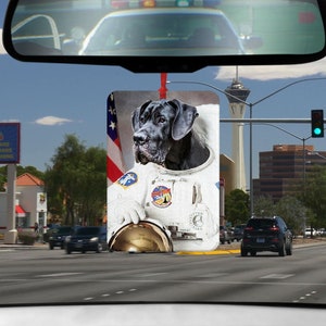 Könnte beinhalten: Ein Schwarzweißfoto eines schwarzen Doggen, der einen Astronautenanzug trägt, mit einer rot-weiß-blauen amerikanischen Flagge im Hintergrund. Der Hund hält einen goldenen Helm in seinen Pfoten. Das Foto ist auf einem Auto-Lufterfrischer gedruckt.