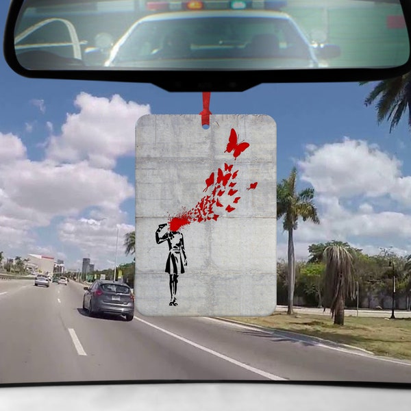 Banksy Butterfly Suicide Street Art Graffiti Urban Artwork Spray Painter Gift Inspired Car Air Freshener Pendant Rear View Mirror