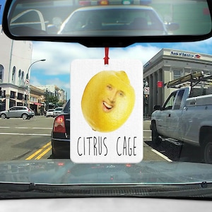 Könnte beinhalten: Ein weißer Auto-Lufterfrischer mit einer gelben Zitrone mit einem Gesicht darauf. Der Text "CITRUS CAGE" ist auf den Lufterfrischer gedruckt.