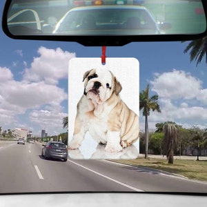 Pode incluir: Um aromatizador de carro branco com uma imagem de um filhote de bulldog branco e marrom sentado em um fundo branco.