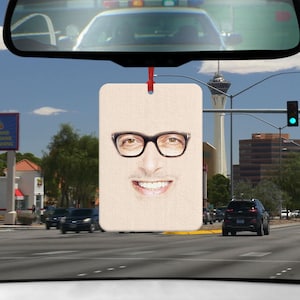 May include: A white car air freshener featuring a photograph of a man wearing glasses and smiling. The air freshener is hanging from a rear-view mirror in a car.
