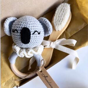 baby gift set Rattle Koala Baby Hair Brush Personalised baby brush baby Baby Wooden Toys Montessori toy Wooden rattle Crochet rattle Baby