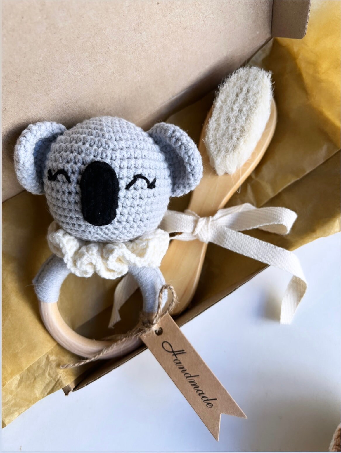 baby gift set Rattle Koala Baby Hair Brush Personalised baby brush baby Baby Wooden Toys Montessori toy Wooden rattle Crochet rattle Baby