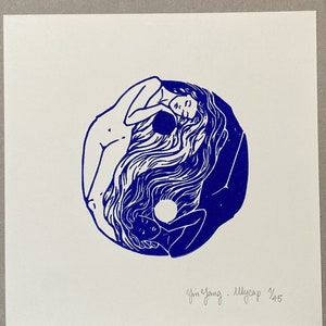 Yin Yang (ultramarine blue) - linocut - original print - hand printed linocut