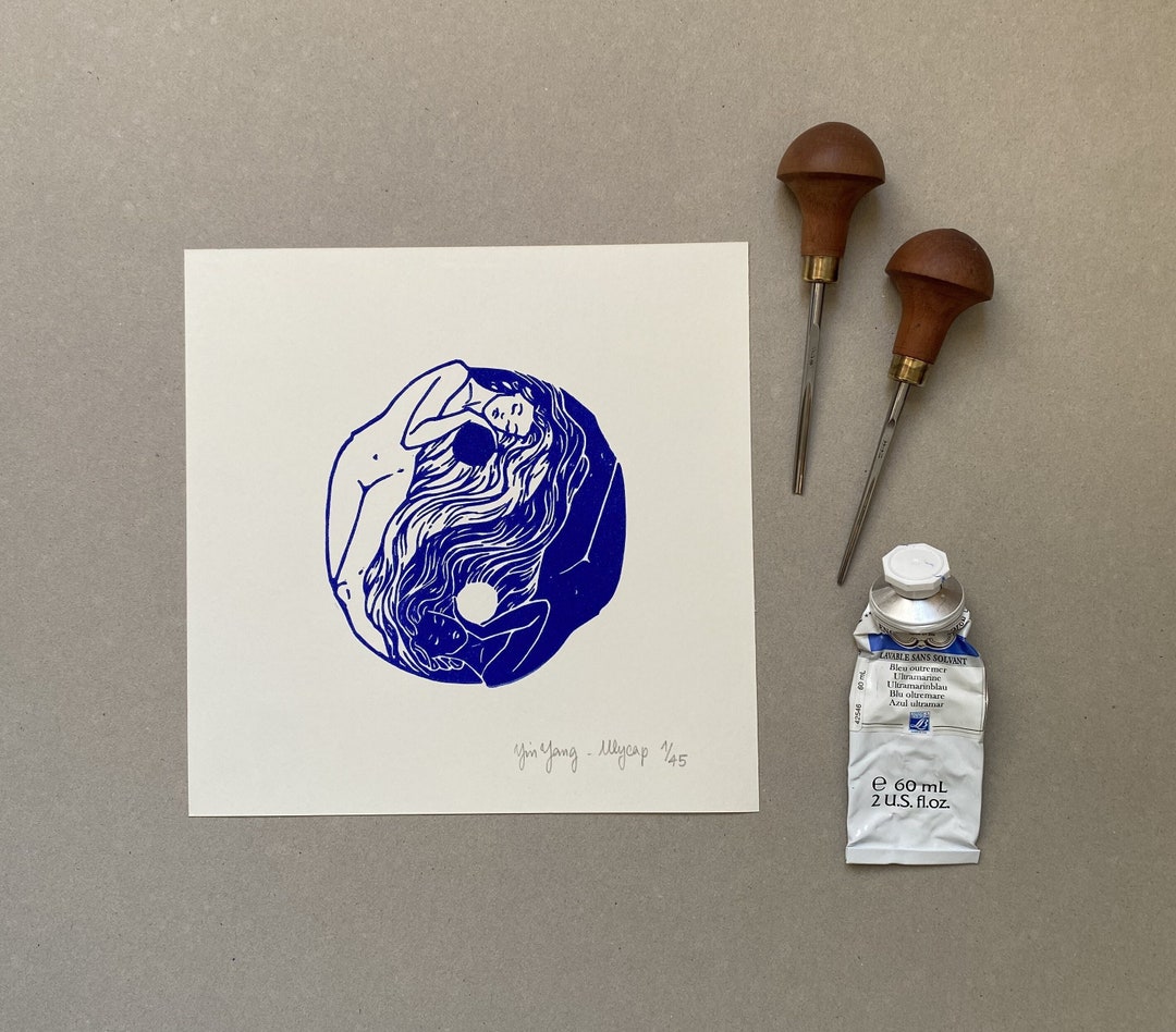 Yin Yang (ultramarine Blue) - Linocut - Original Print - Hand Printed ...
