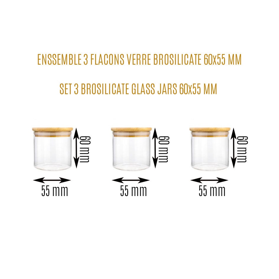 Ensemble 3 Flacons en Verre avec Couvercle Bambou 60x55 mm 90 Ml Fl Oz - Set Jar Glass With mm