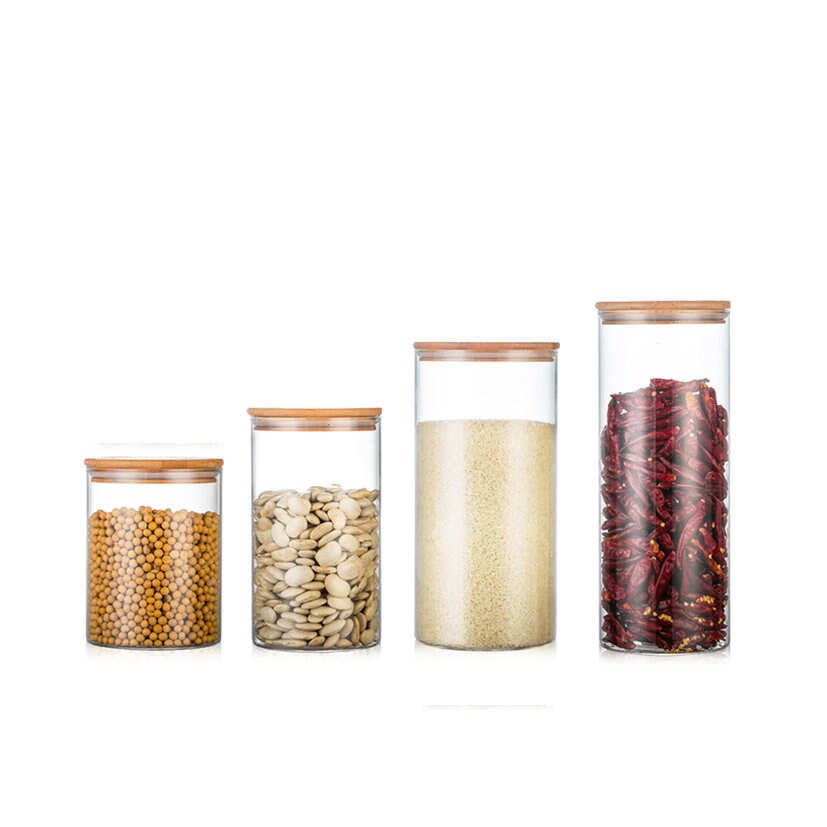 Ensemble 4 Flacons en Verre avec Couvercle Bambou 8/12 cm 8/15 8/18 8/20 550 Ml 650 800 950 Ml