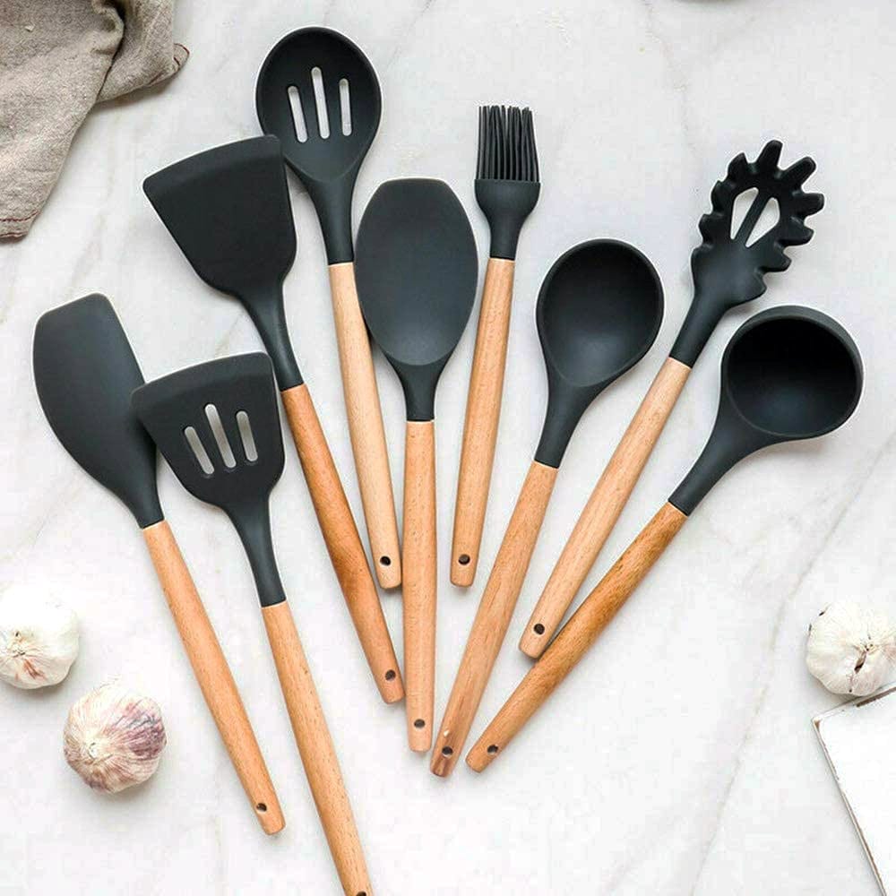 Lot de 9 Ustensiles Cuisine en Silicone avec Manche Bois Naturel - Set Of Kitchen Utensils With Natu