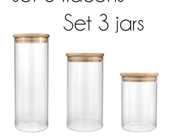 Set 3 Glasfläschchen mit Bambusdeckel 8/12 cm 8/15 cm 8/20 cm 550 ml 650 ml 950 ML