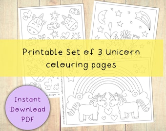 Printable Unicorn Colouring Pages / Set of 3 PDF / Instant Download Kids Activity