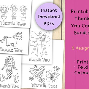 Bundle de cartes de remerciement imprimables / Carte de coloriage pour enfants / Modèle de remerciement à téléchargement immédiat / Licorne Fleur Fée Papillon Sirène