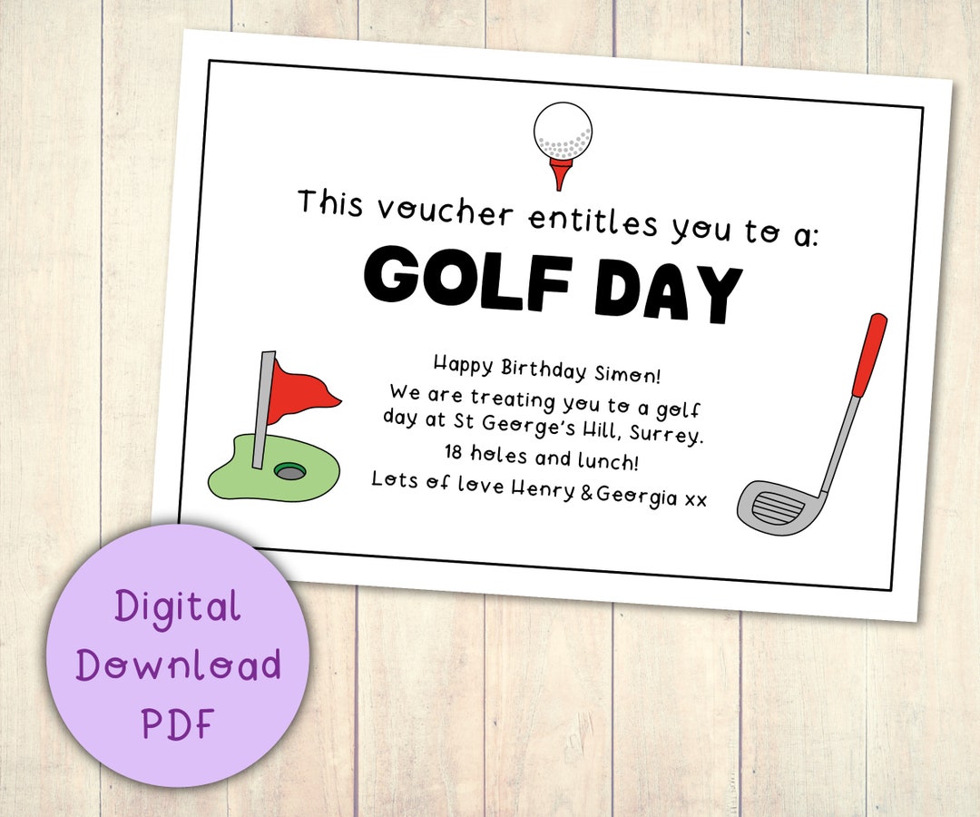 Golf Day Gift Voucher Coupon Printable Digital Download PDF / Last Minute Gift / Friend Birthday